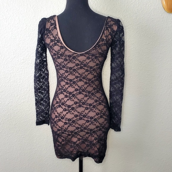 Mini Black Lace Dress Long Sleeve Short Size Small - Picture 2 of 2